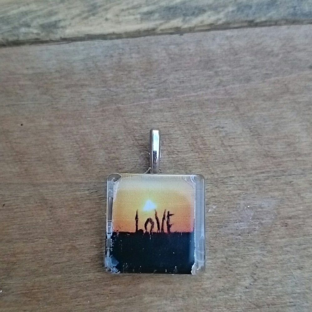 Hand Crafted Love Glass Tile Sunset Beach Pendant Necklace Gift